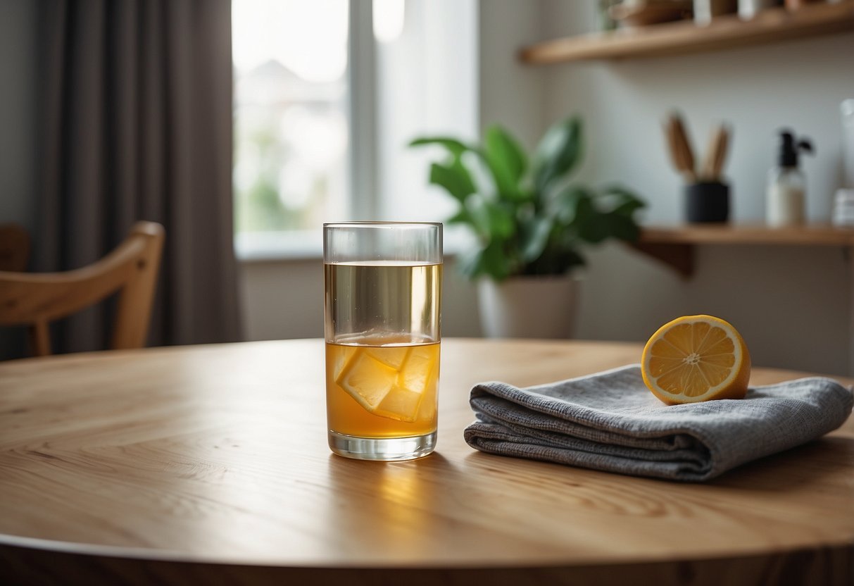 Wooden furniture with a spilled drink stain. A cloth and homemade cleaning solution nearby. Bright, natural lighting in a cozy home setting