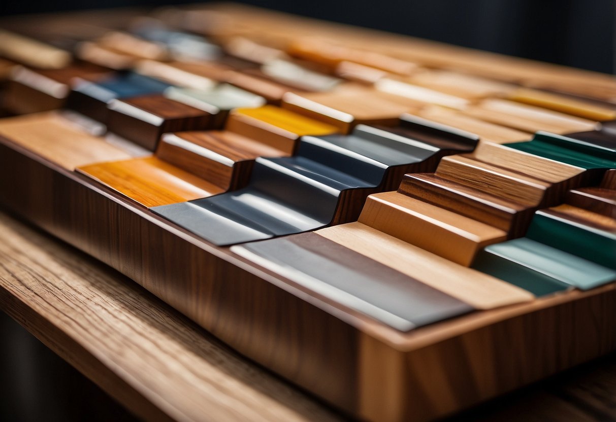 A wood furniture piece being placed next to different wood swatches for comparison