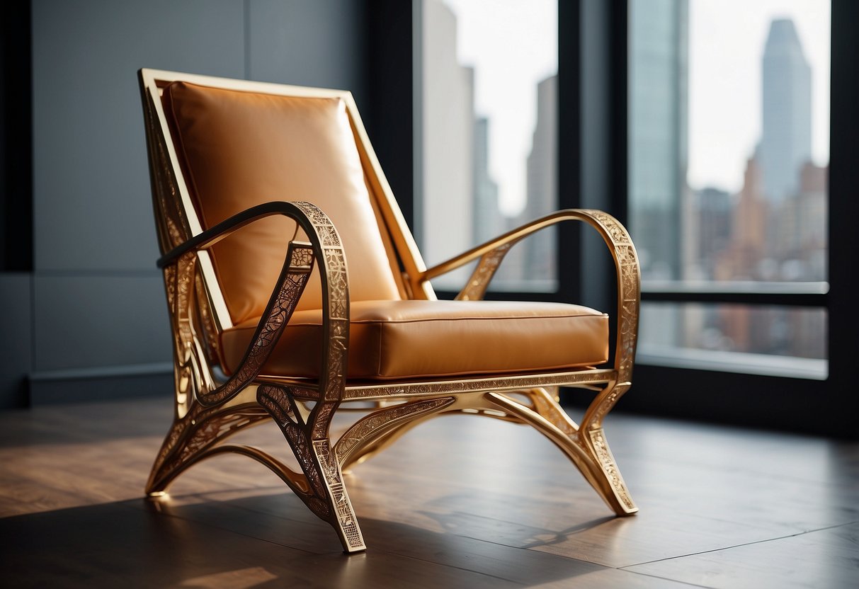 A sleek, geometric chair with bold, angular lines sits in a spacious, well-lit room adorned with ornate, metallic accents and luxurious, richly colored fabrics