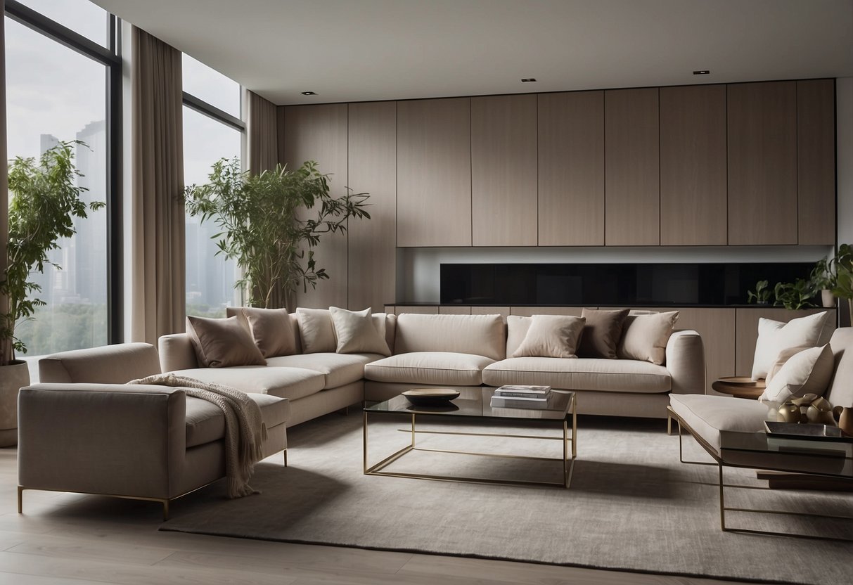 A modern living room with sleek ibenz furniture, featuring clean lines, neutral colors, and minimalist design. Accessories and decor are carefully curated to complement the contemporary style