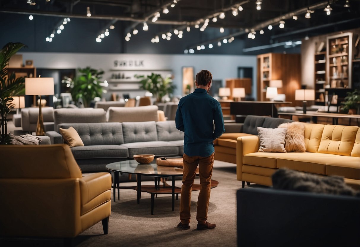 A person browsing furniture in a showroom, examining various pieces and comparing prices