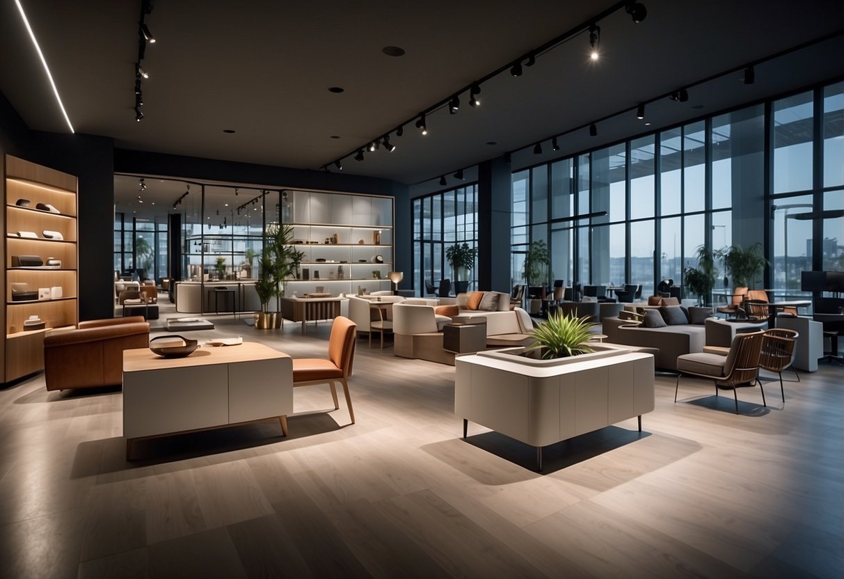 Customers browsing through modern furniture displays at ibenz store. Brightly lit showroom with sleek designs and cozy ambiance
