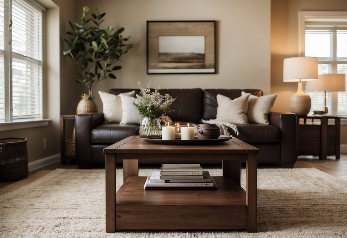 A cozy living room with a dark wooden coffee table, matching end tables, and a light wood entertainment center. The furniture is complemented by a mix of neutral and earthy-toned decor, creating a harmonious and inviting space