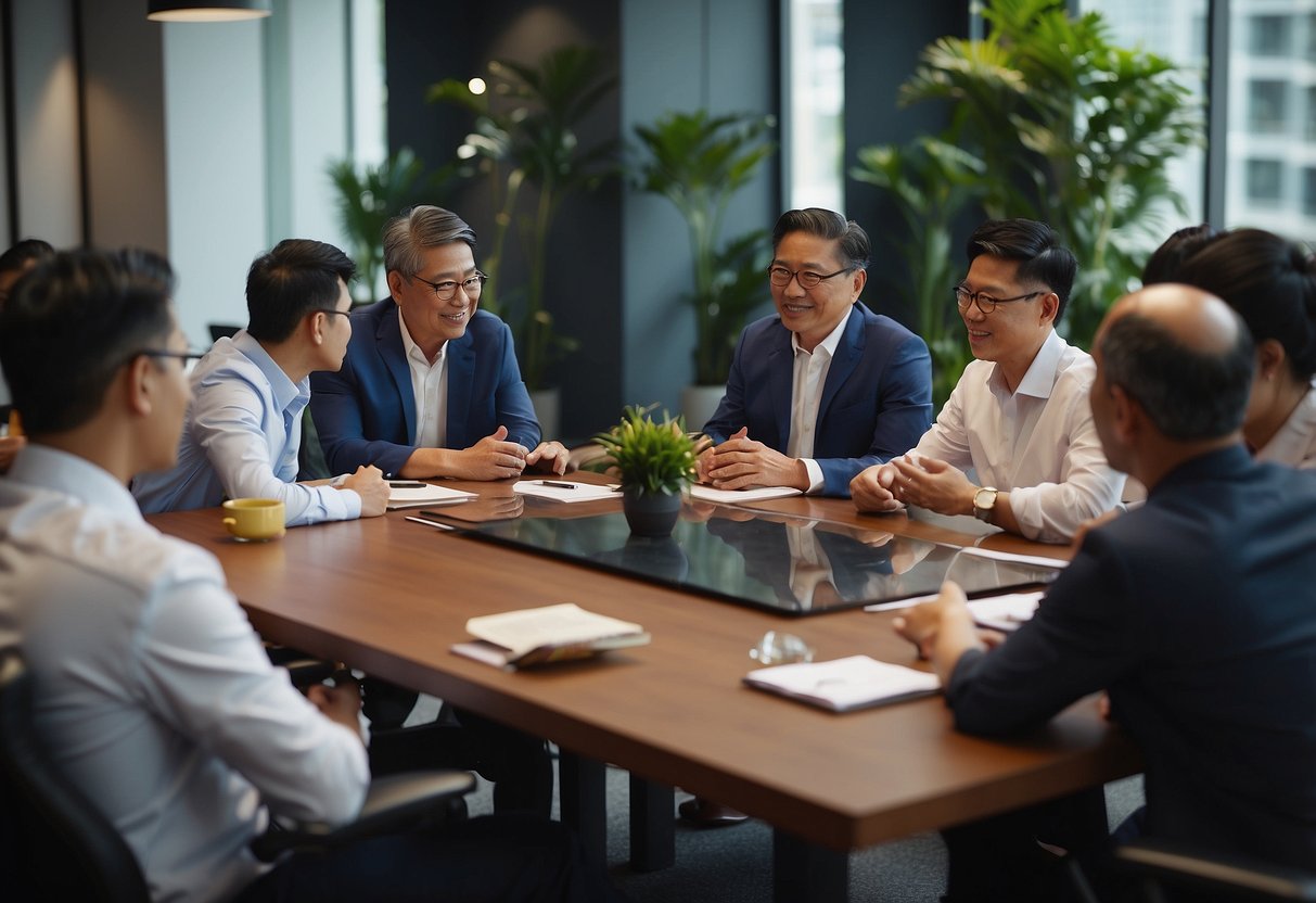 A group of professionals from the Singapore Furniture Council gather around a table, exchanging ideas and collaborating to foster industry growth