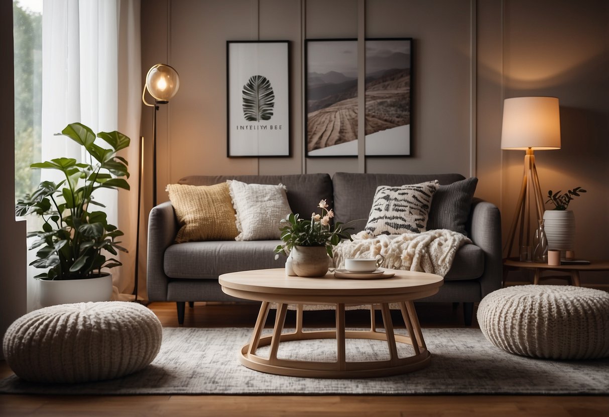 A cozy living room with a plush couch, coffee table, and floor lamp. The room is adorned with decorative pillows and a throw blanket