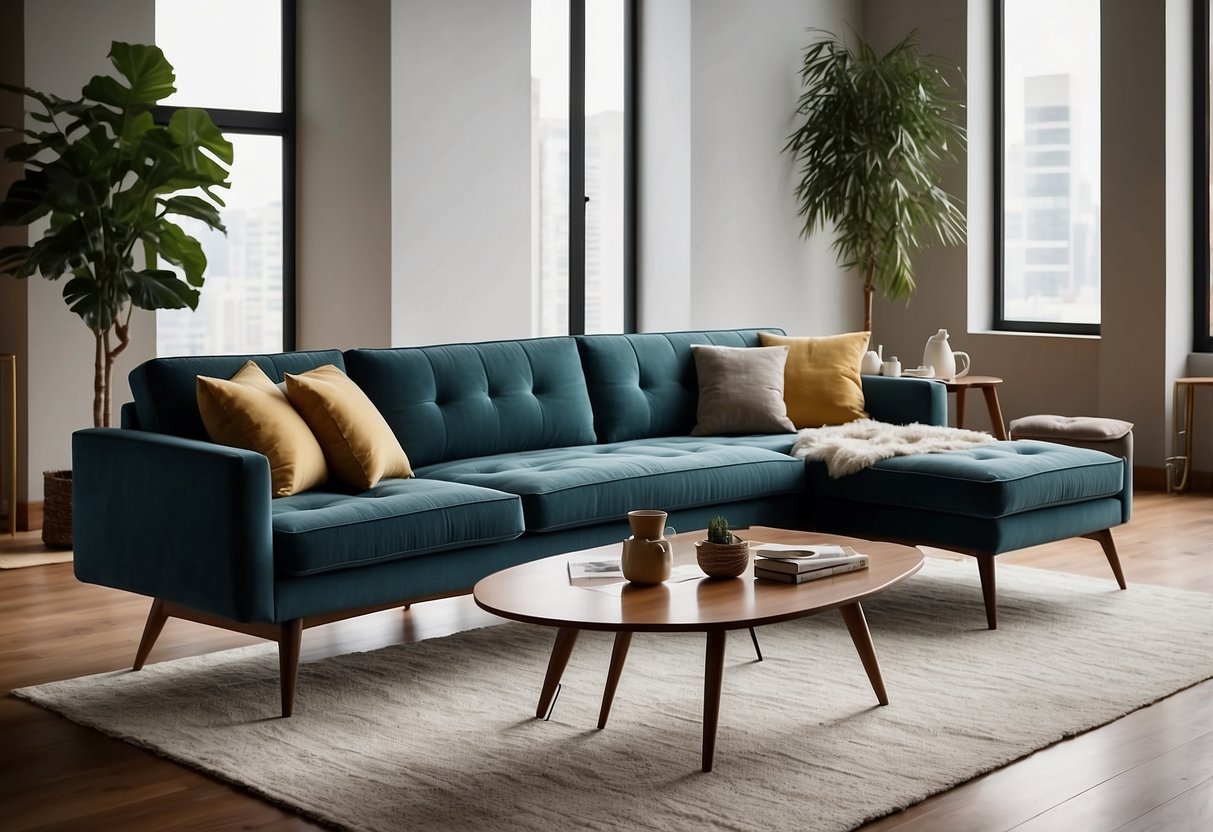A modern living room with sleek ibenz furniture, featuring a comfortable sofa, stylish coffee table, and elegant side chairs