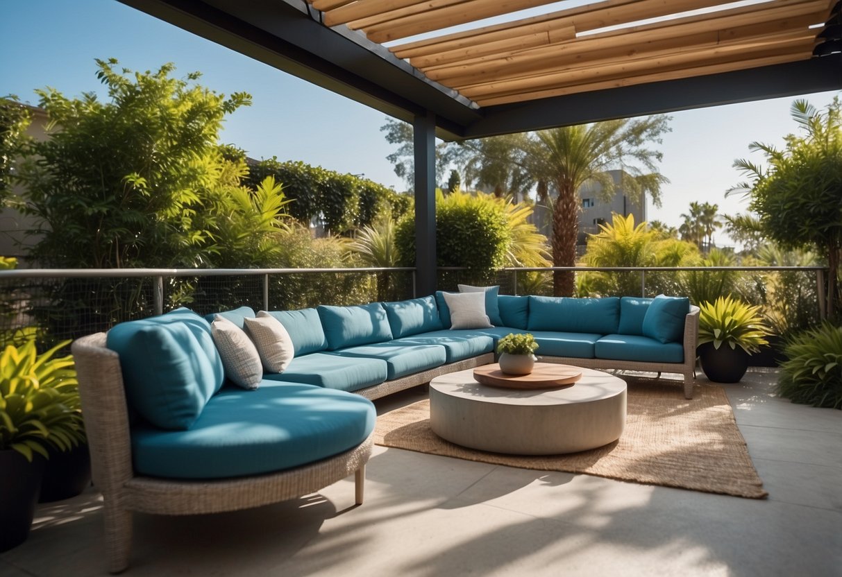 A sunny outdoor patio with modern Sifas furniture, surrounded by lush greenery and a clear blue sky