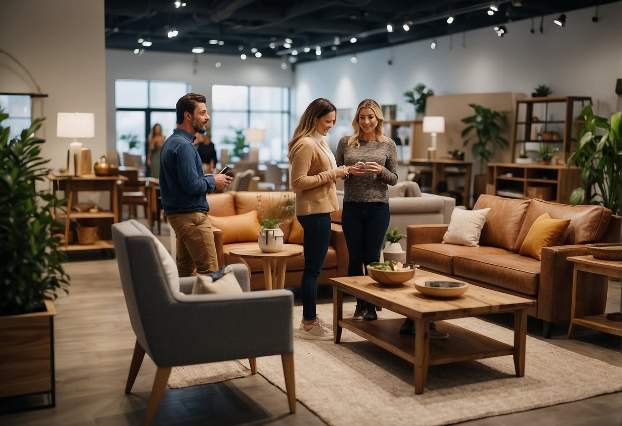 A group of people browsing through a variety of furniture items displayed in a showroom, while a staff member assists a customer with their inquiries