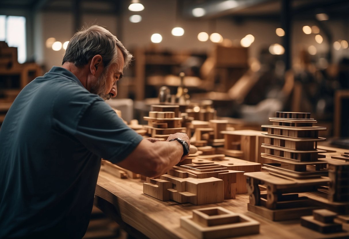 Wood furniture pieces arranged in a room, with various finishes and colors. A person examines them, comparing and measuring