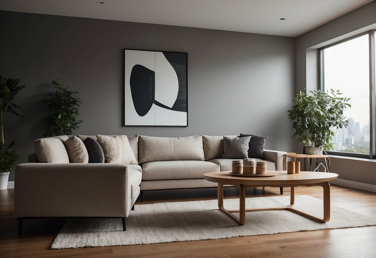 A modern living room with F3 Furniture Essentials: sleek sofa, minimalist coffee table, and stylish armchair. Clean lines and neutral colors create a contemporary atmosphere
