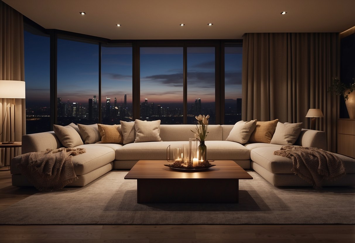 A cozy living room with a modern sofa, soft throw pillows, and a sleek coffee table. Warm lighting enhances the inviting atmosphere