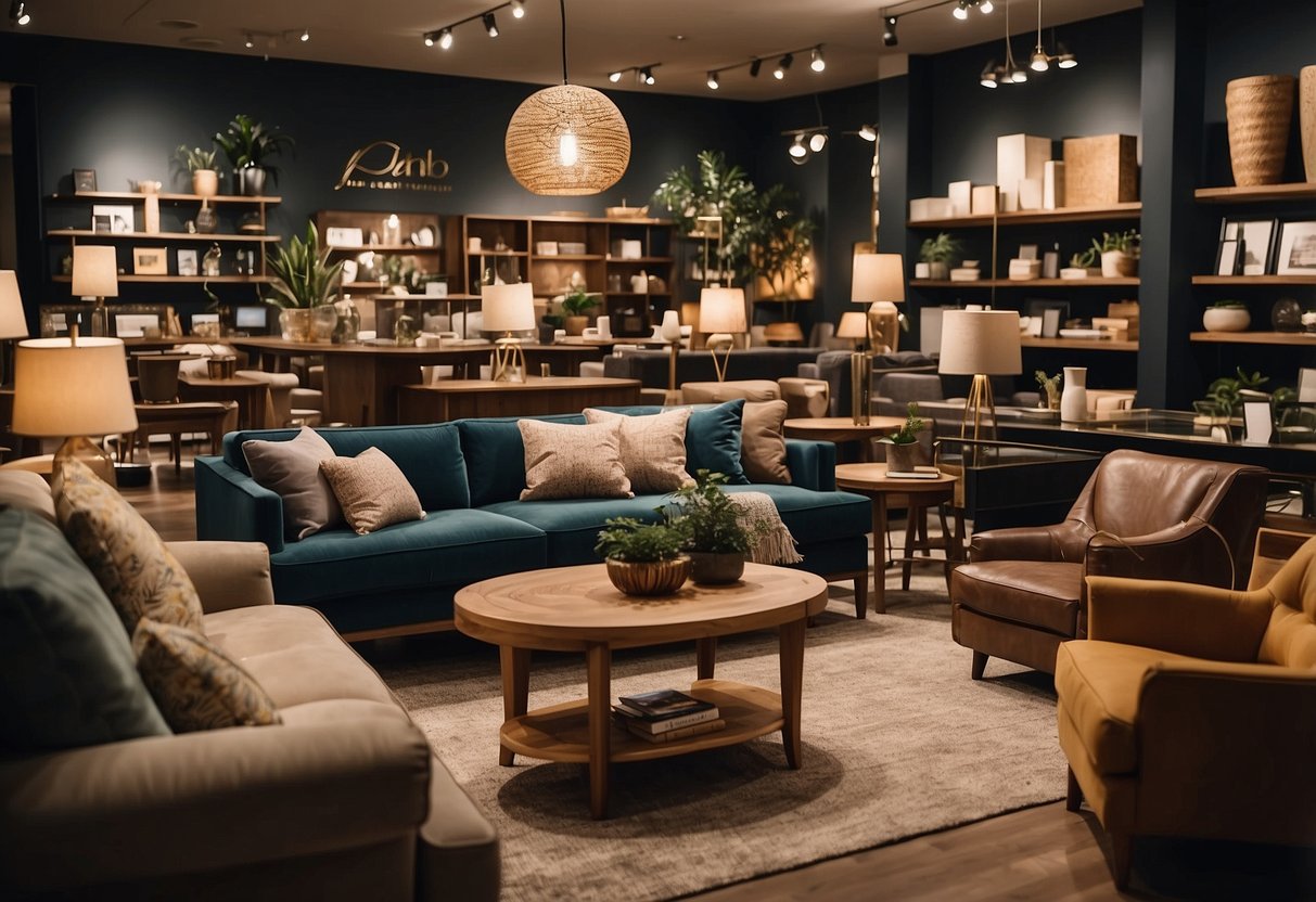 A crowded furniture store with customers browsing and asking staff questions. Shelves and displays showcase a variety of furniture pieces