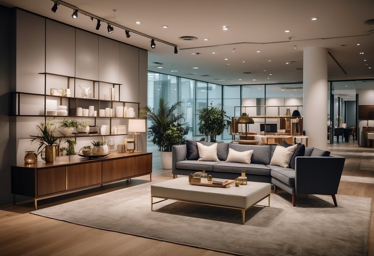 A well-lit showroom with modern furniture arranged in an inviting display. A salesperson engages with a customer, showcasing the quality and functionality of the pieces