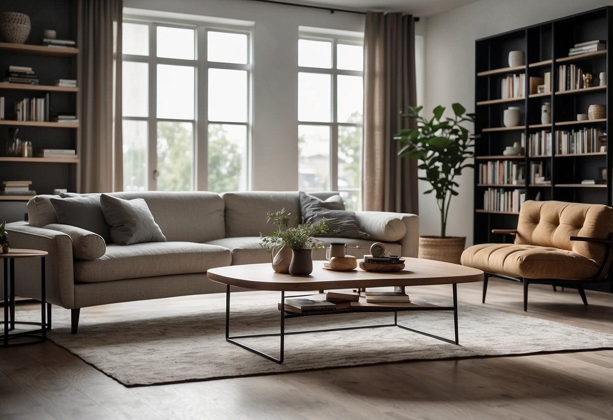 A modern living room with a sleek and stylish furniture set, including a sofa, coffee table, and bookshelf. The room is well-lit with natural light and features a minimalist design