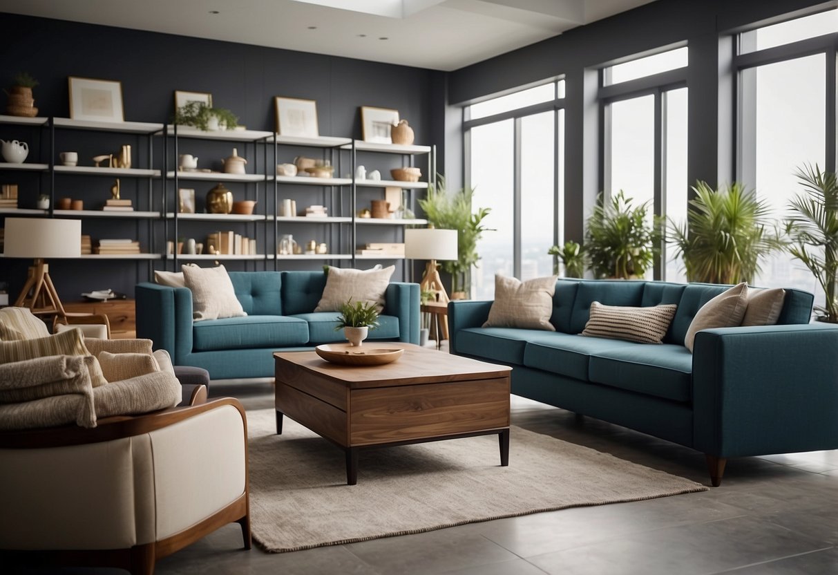 Furniture arranged neatly in a well-lit room with clean surfaces and minimal clutter. Price tags and clear descriptions displayed on each item