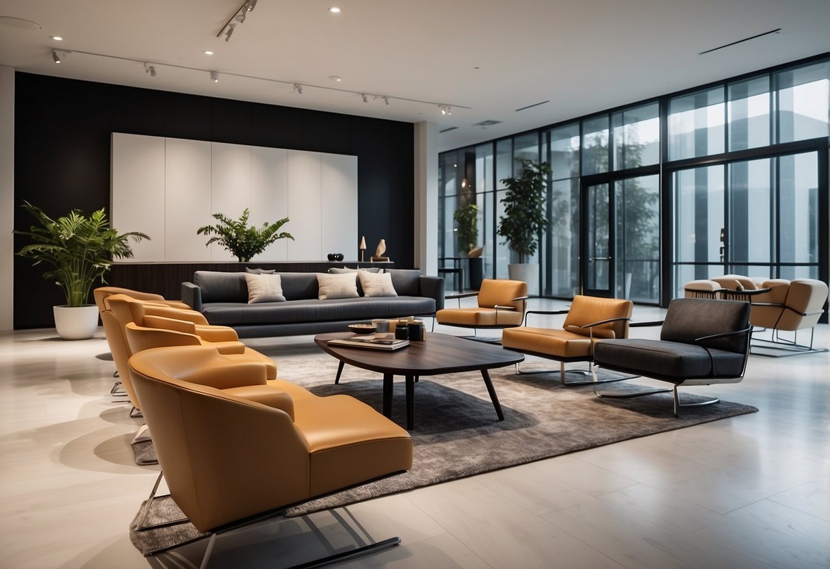A showroom of modern furniture displayed in a sleek, minimalist setting with large windows and strategic lighting