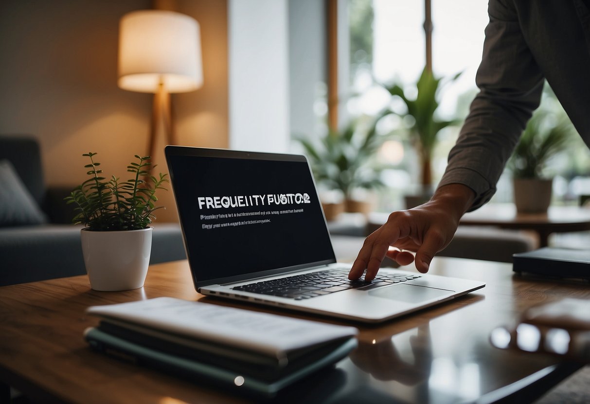 A person arranging furniture in a well-lit room, with a laptop open to a "Frequently Asked Questions" page on selling furniture in Singapore