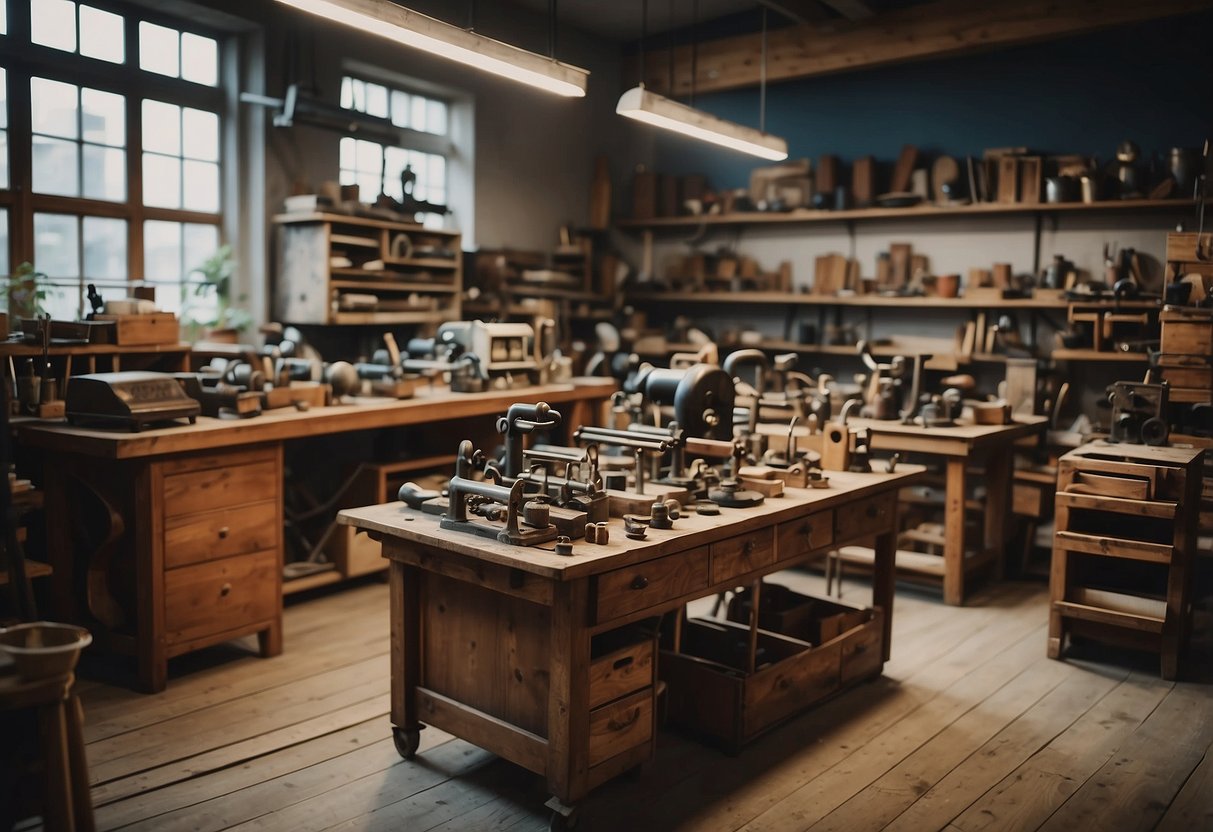 A workshop filled with vintage tools and wooden furniture frames being meticulously crafted