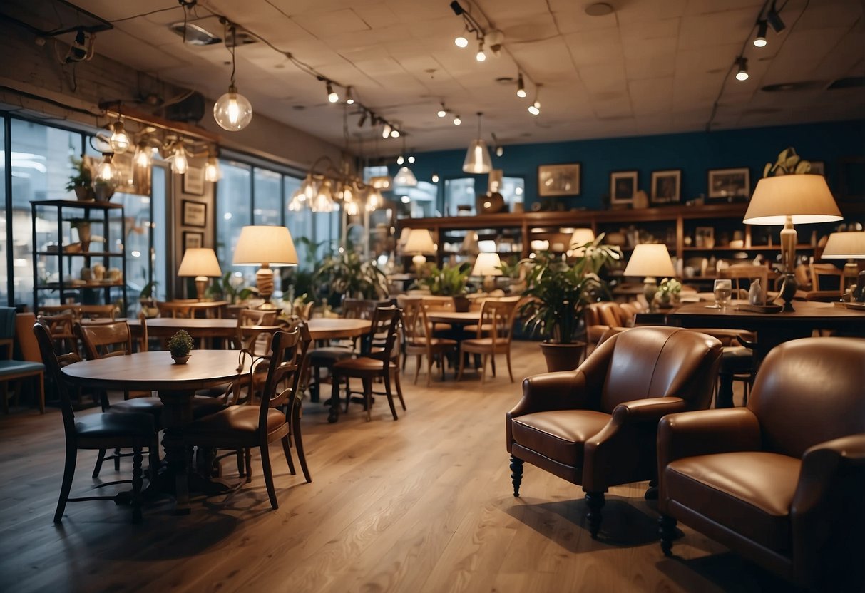 A cluttered furniture store with mismatched chairs and tables