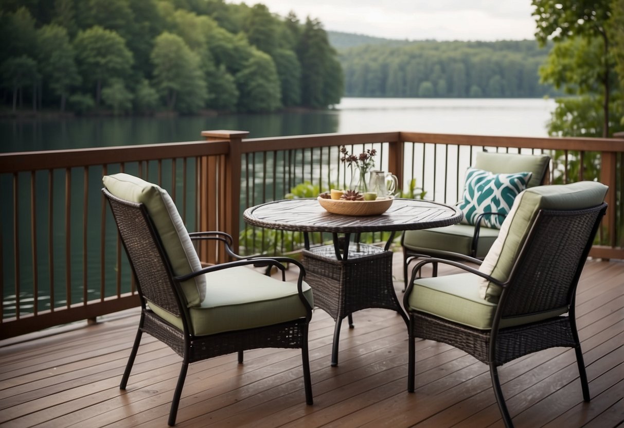 Waterproof patio furniture arranged on a deck overlooking a serene lake with lush greenery in the background