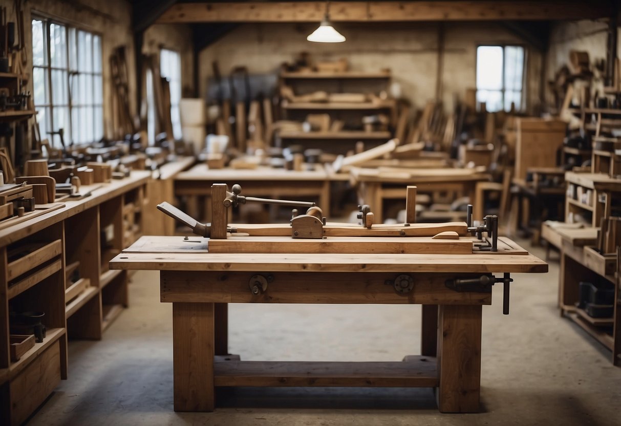 A workshop filled with traditional woodworking tools and elegant furniture pieces in various stages of production