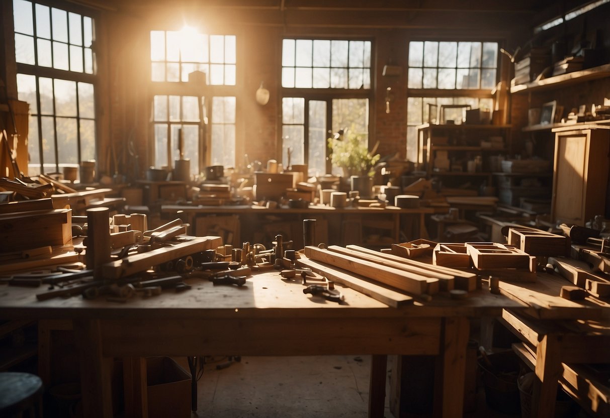 A cluttered workshop with stacks of wood, tools, and unfinished furniture pieces, bathed in warm sunlight streaming through the windows