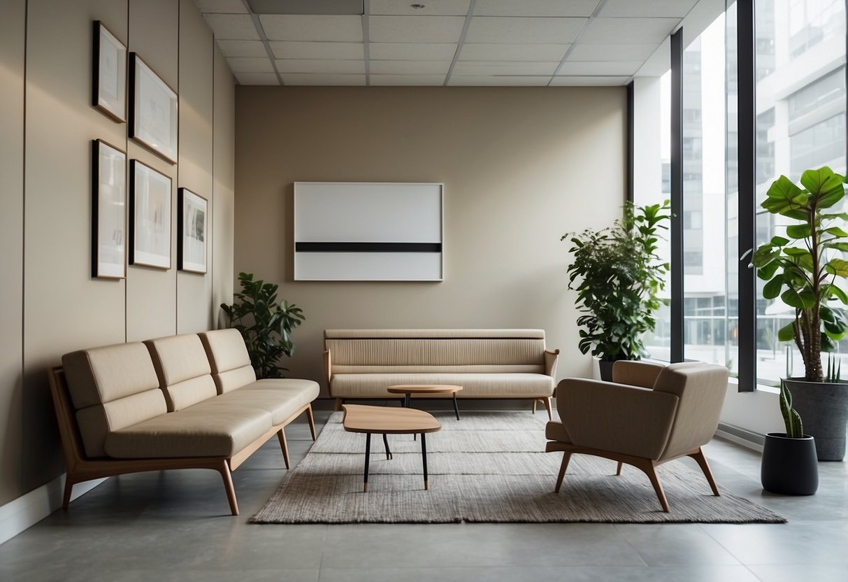A modern waiting room with sleek IKEA furniture and neutral tones. Clean lines, minimalistic design, and comfortable seating options