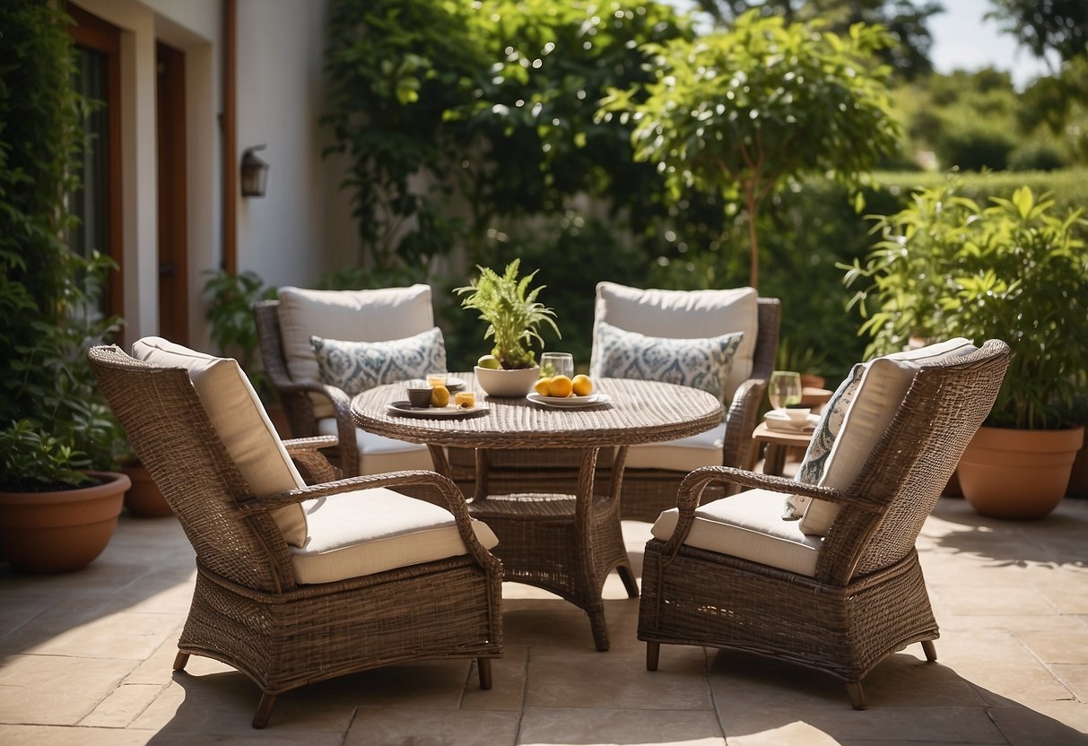 A patio set with waterproof cushions and a durable, weather-resistant table and chairs, surrounded by lush greenery and under a bright, sunny sky