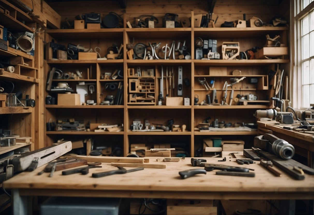 A cluttered workshop with tools and wood scraps, shelves of hardware, and unfinished furniture pieces at Practical Information hup yick furniture