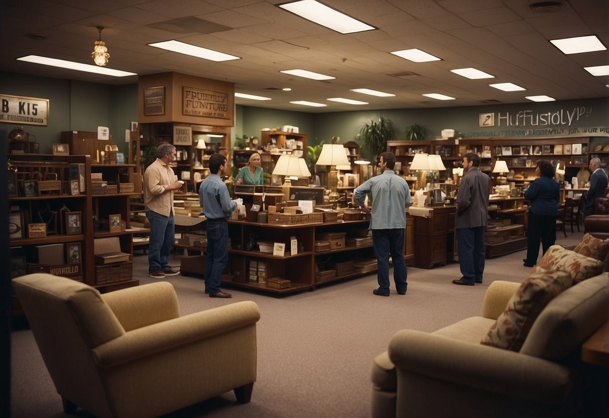 A busy furniture store with customers browsing and staff assisting. Shelves are stocked with various items, and a sign reads "Frequently Asked Questions hup yick furniture"