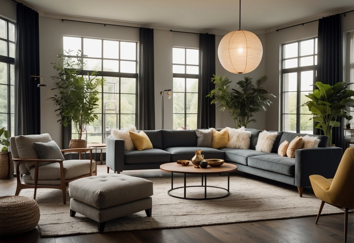 A showroom filled with modern furniture, soft lighting, and cozy living room setups. Signs advertise lease-to-own options