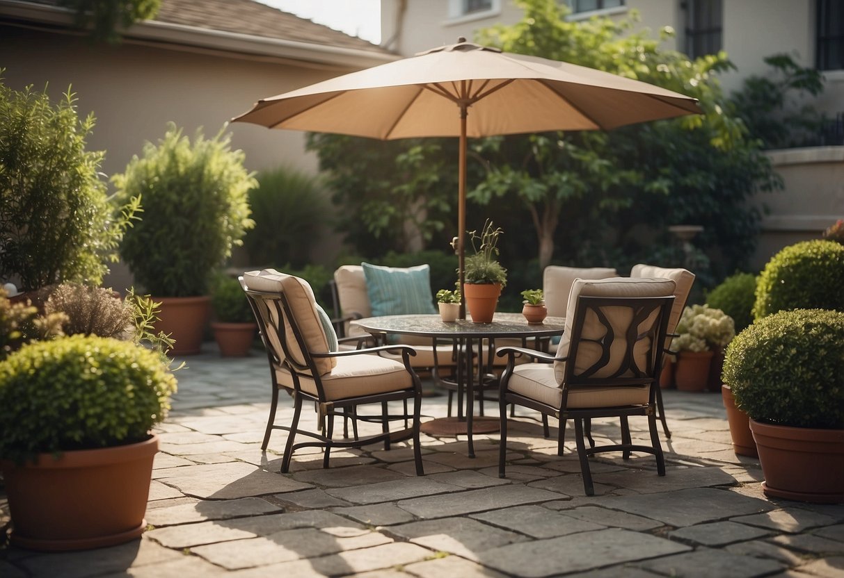 A patio set with waterproof furniture, surrounded by potted plants and a shade umbrella, sits on a stone patio