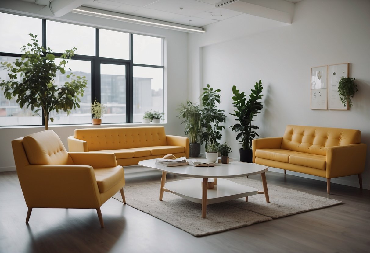 A bright, modern waiting room with sleek, minimalist furniture from IKEA. A comfortable sofa, stylish armchairs, and a coffee table create a welcoming and professional atmosphere