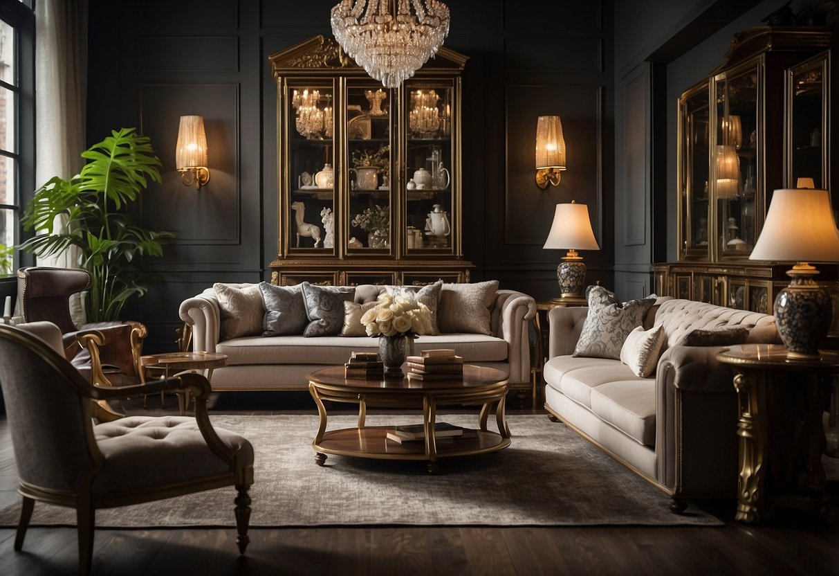 A room filled with elegant, timeless furniture pieces from various classic manufacturers, showcasing intricate details and exquisite craftsmanship