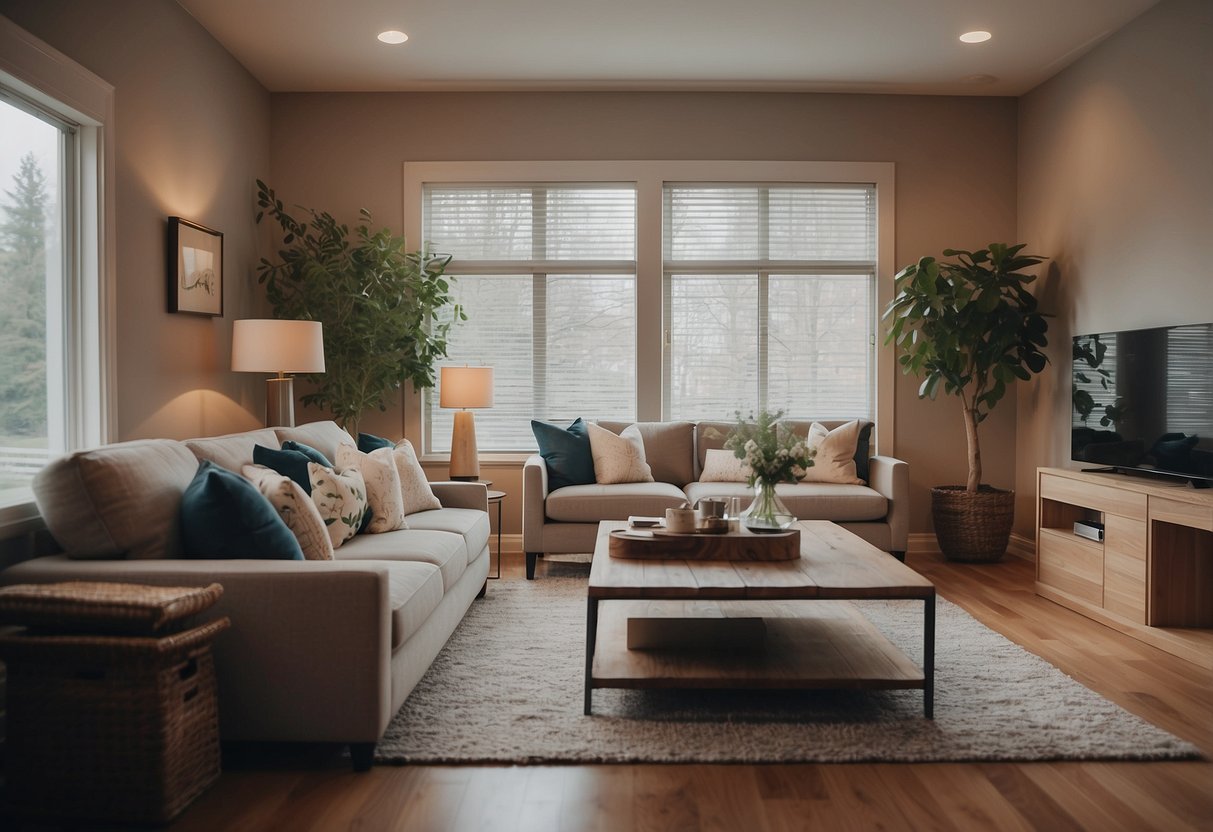 A cozy living room with modern furniture, soft lighting, and a variety of decorative accents. A lease-to-own furniture store sign is prominently displayed
