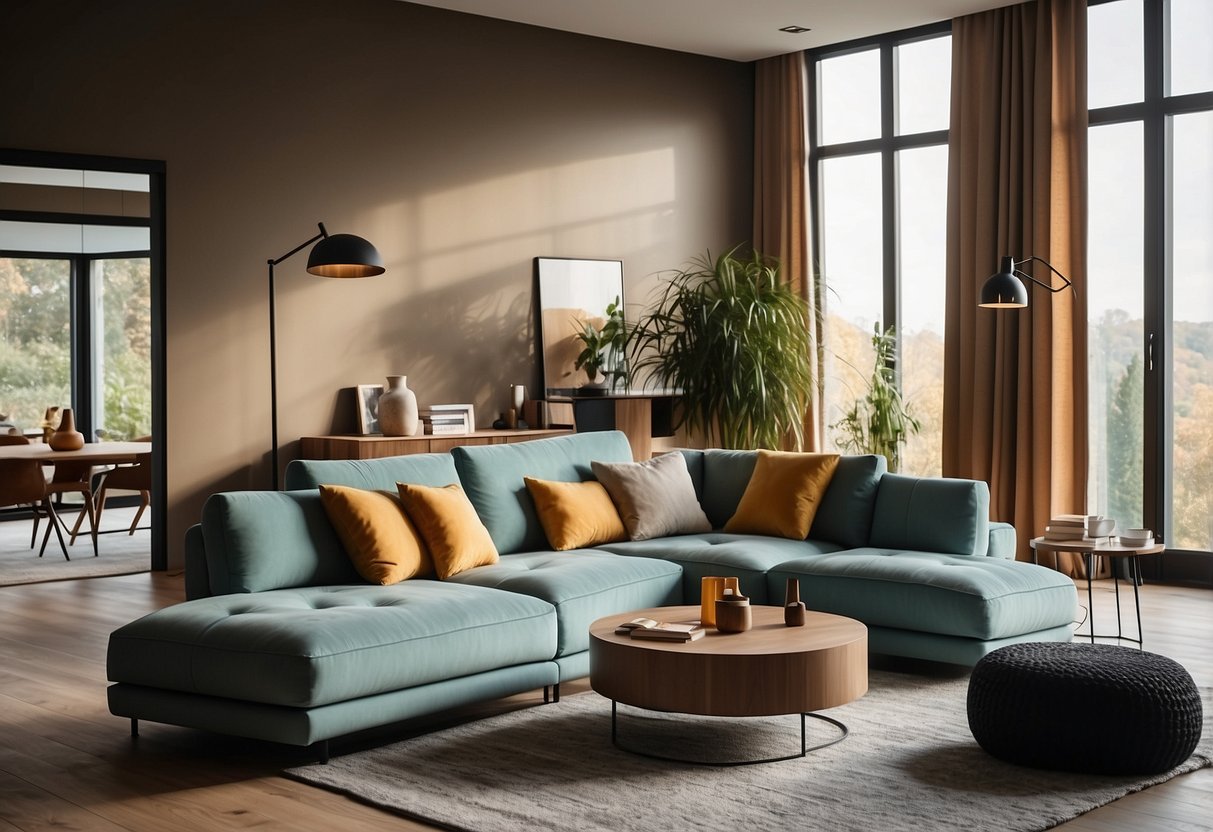 A modern living room with Flexa furniture, featuring sleek lines and bright colors, creating a cozy and stylish atmosphere