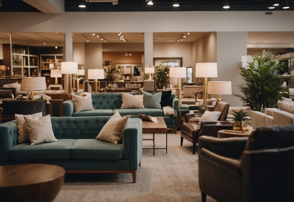 A customer browsing through a variety of furniture options at a lease-to-own store, comparing prices and styles before making a decision