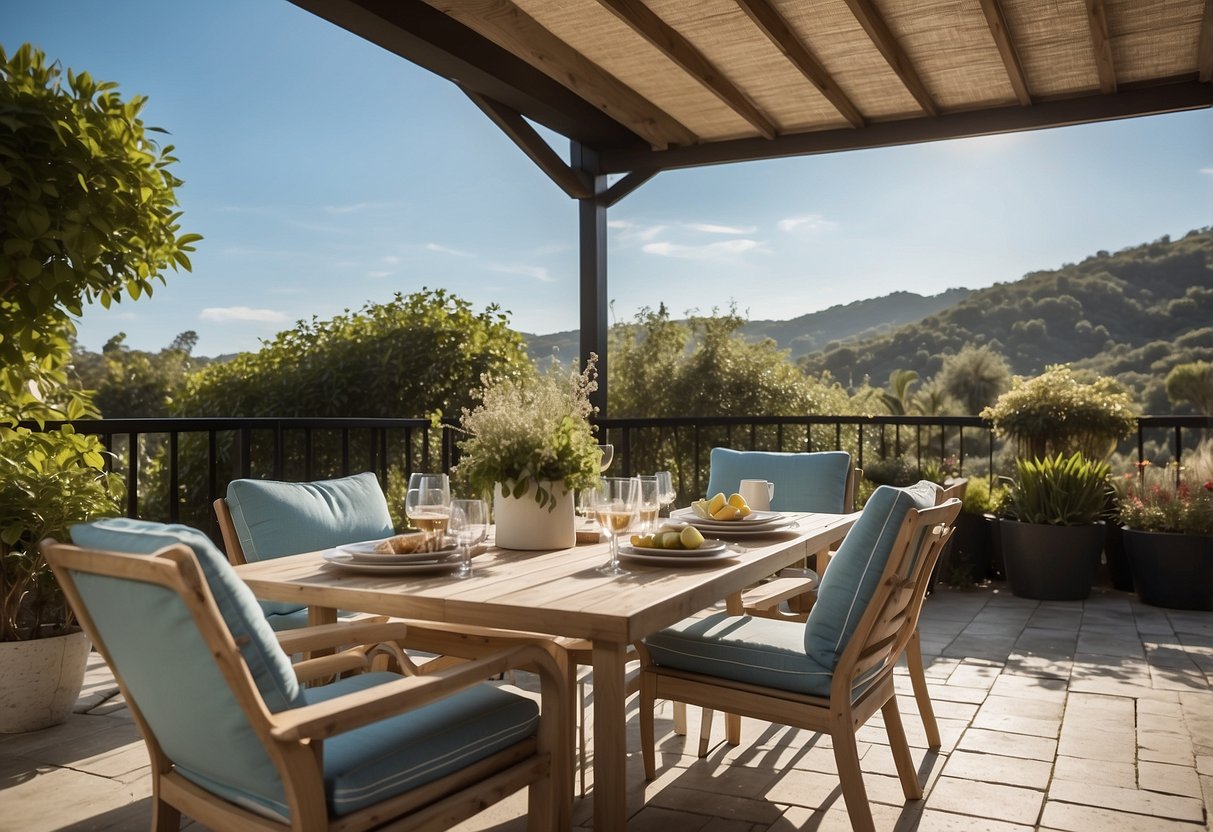 A patio with waterproof furniture, surrounded by lush greenery and under a clear blue sky, with a small table set for outdoor dining