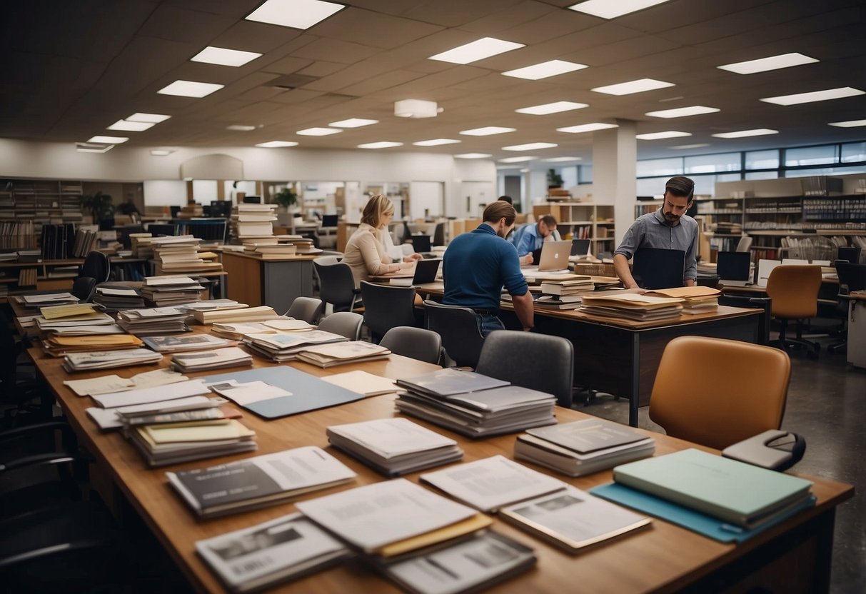 A busy office with designers sketching, measuring tools, and stacks of classic furniture catalogs