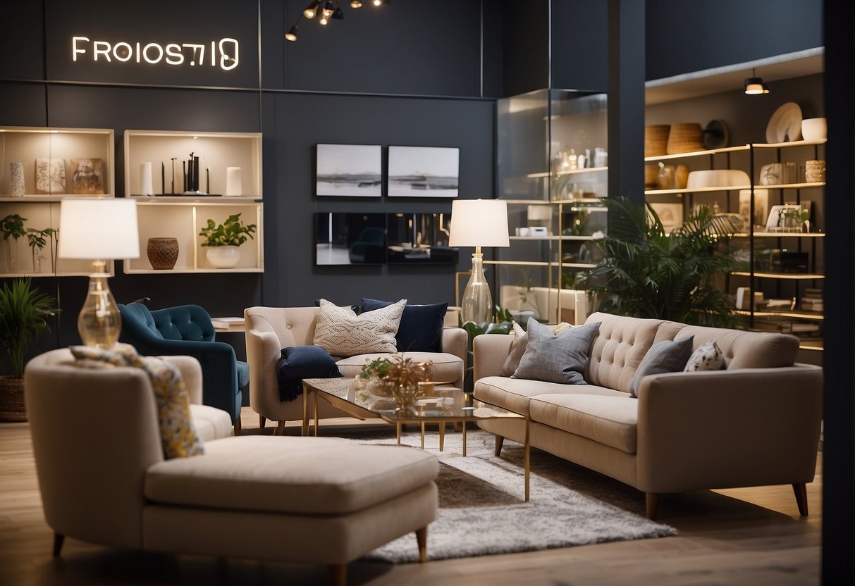 A customer browsing through a showroom of stylish furniture, with signs displaying "Frequently Asked Questions" about lease-to-own options