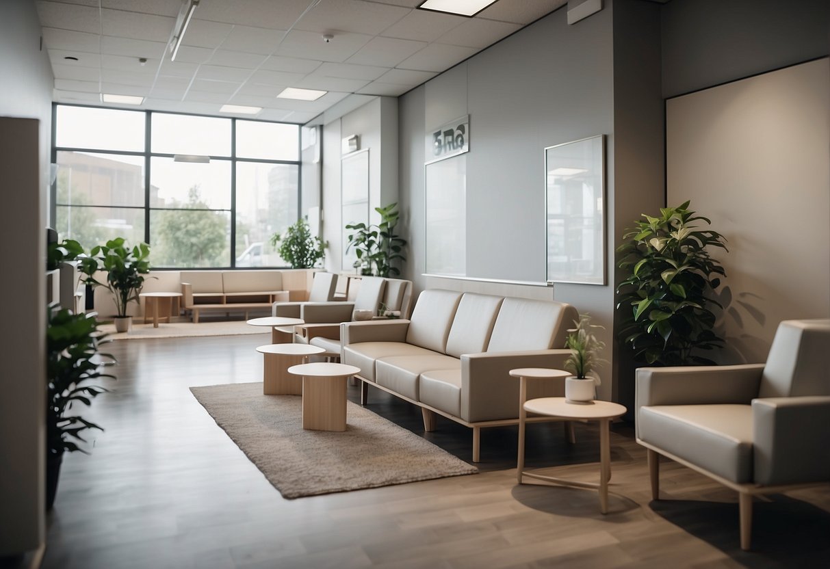 A modern waiting room with sleek, minimalist furniture from Ikea. Clean lines, neutral colors, and comfortable seating create a calming atmosphere