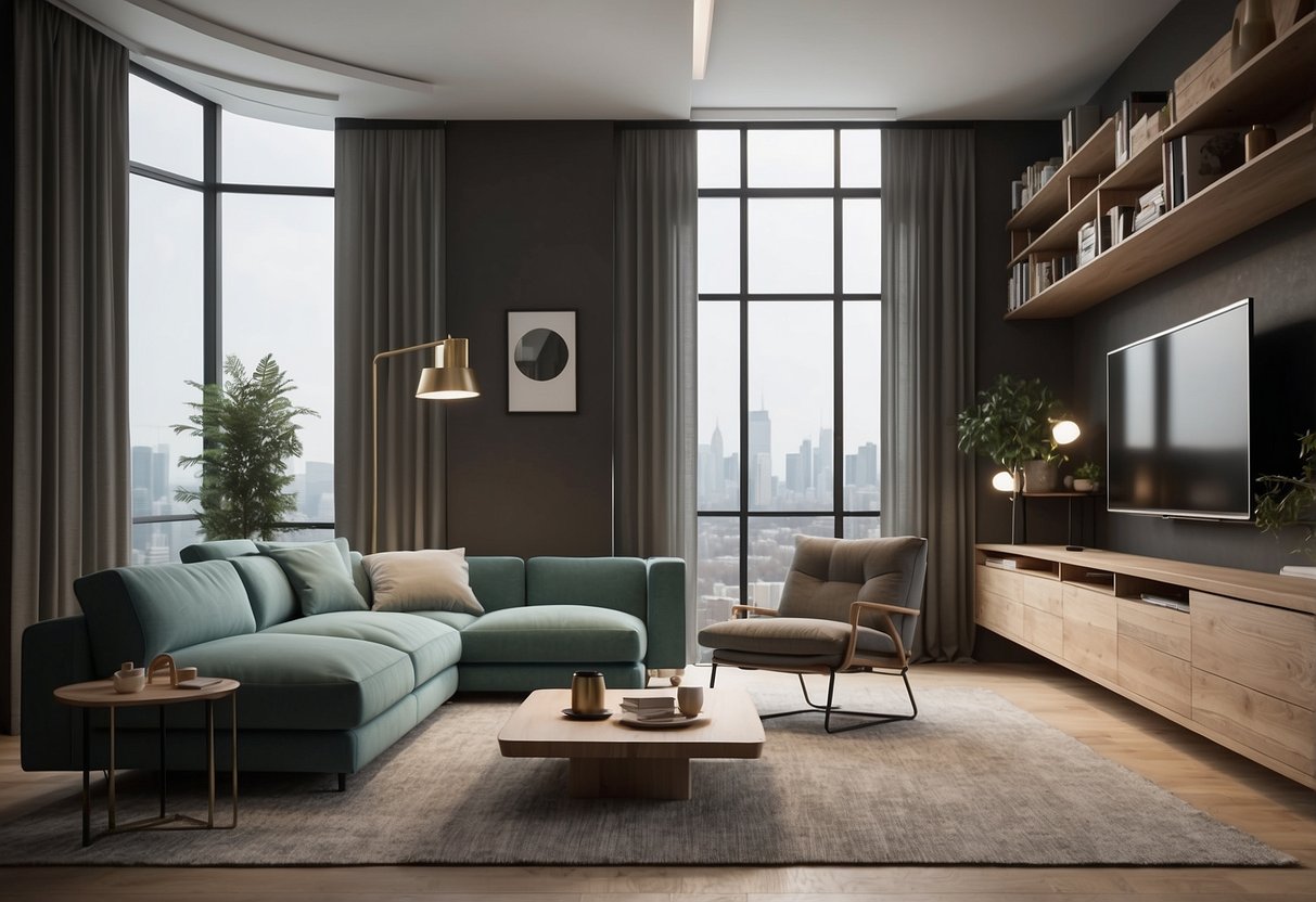 A modern living room with sleek Flexa furniture, featuring clean lines, adjustable shelving, and hidden storage compartments
