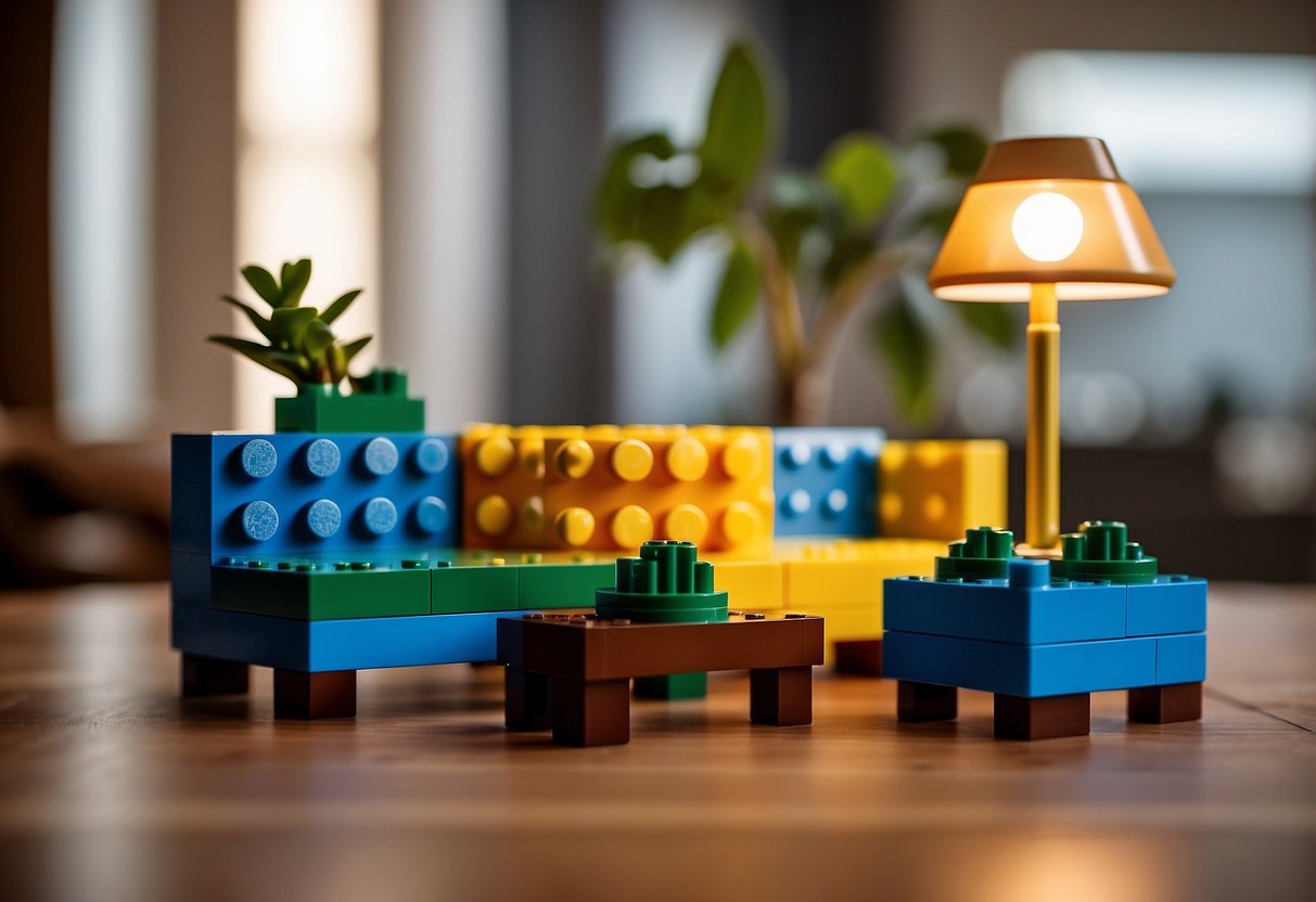 A colorful stack of Lego bricks arranged into a mini couch, table, and bookshelf, with a small plant and lamp, creating a cozy living room setting