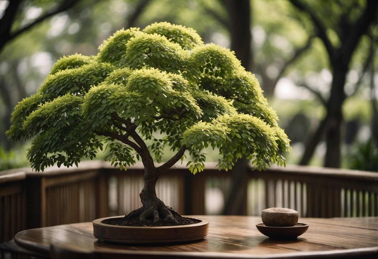A lush, green raintree stands tall, its branches reaching out and providing shade over a set of elegant, wooden furniture