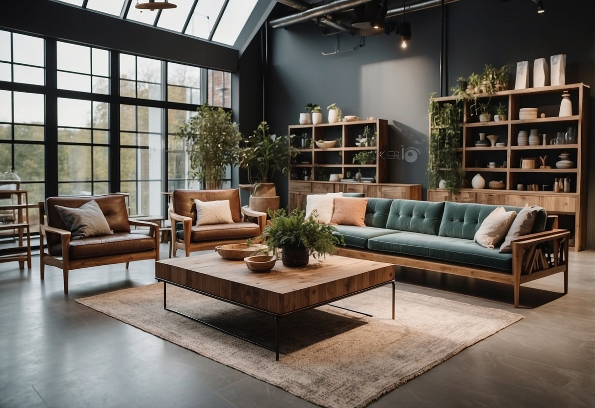 A spacious showroom with modern and rustic furniture displays. Natural light floods the space, highlighting the intricate details of each piece