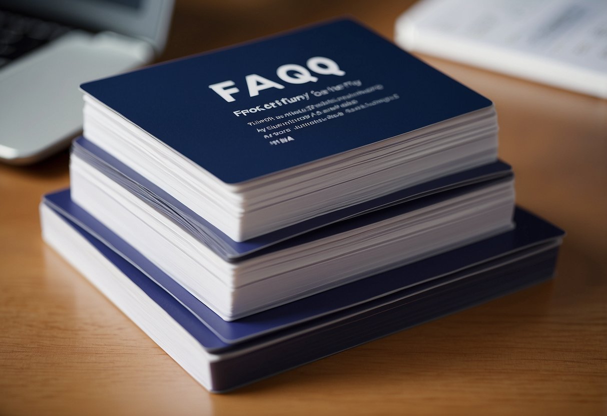 A stack of FAQ cards on a clean, modern desk with Flexa furniture in the background. The cards are neatly arranged and easily accessible for customers