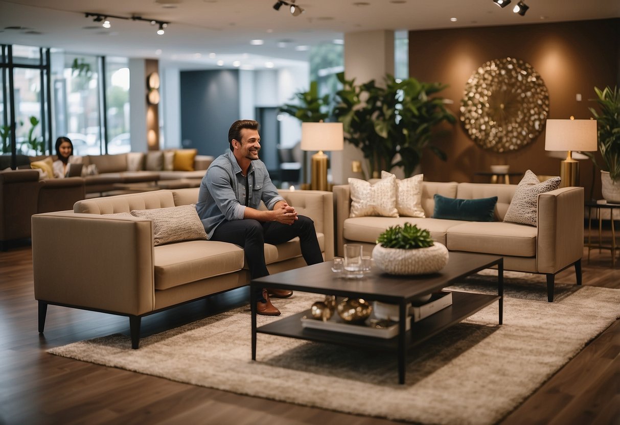 A smiling customer admires a sleek, modern sofa in Raintree Furniture showroom, surrounded by warm, inviting decor and helpful sales staff