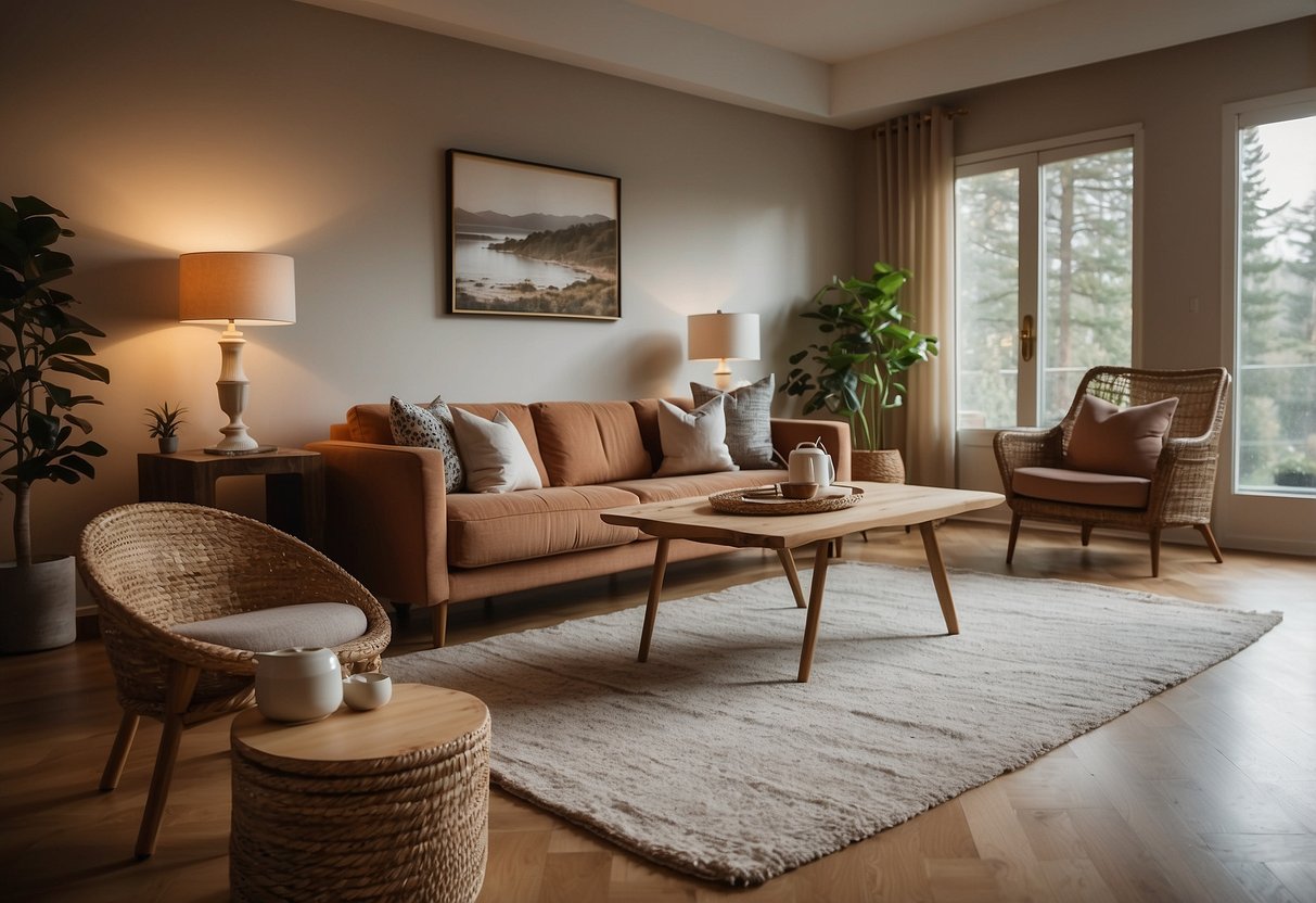 A cozy living room with a modern, wooden furniture set from Raintree. A customer service representative answering FAQs on a laptop