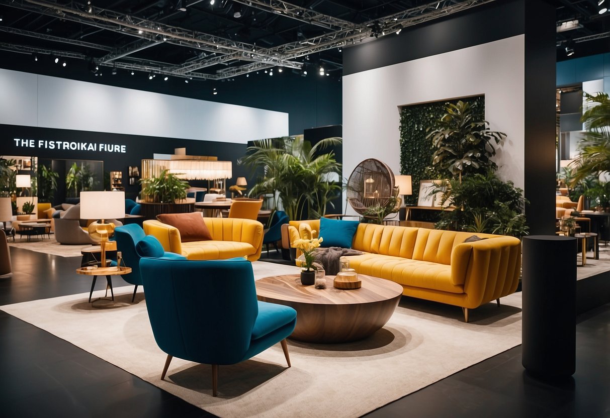 The bustling international furniture fair in Singapore 2019, with modern and luxurious furniture displays, vibrant colors, and innovative designs