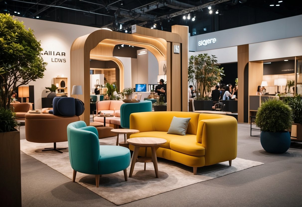 Vibrant booths showcase modern furniture at the 2019 Singapore International Furniture Fair, bustling with global business and trade opportunities